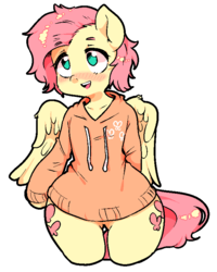 Size: 651x815 | Tagged: safe, artist:kkotnim, fluttershy, g4, blushing, both cutie marks, butterscotch, clothes, femboy, hoodie, male, rule 63, simple background, solo, white background