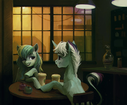 Size: 1400x1162 | Tagged: safe, artist:dearmary, oc, oc only, pony, apple, cafe, chair, coffee, food, leonine tail, sitting, table