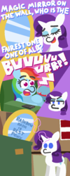 Size: 445x1115 | Tagged: safe, artist:threetwotwo32232, rainbow dash, rarity, pegasus, pony, unicorn, g4, best pony, burp, comic, dialogue, dumpster, female, levitation, magic, mare, mirror, rarity is not amused, remote, snow white, soda can, telekinesis, unamused