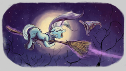 Size: 1280x720 | Tagged: safe, artist:plainoasis, trixie, pony, unicorn, g4, backwards, broom, cape, clothes, eyes closed, female, flying, flying broomstick, full moon, glowing horn, hat, horn, magic, mare, moon, night, solo, tree, trixie's cape, trixie's hat