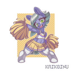 Size: 3000x3000 | Tagged: safe, artist:kaikoinu, limestone pie, earth pony, pony, g4, armpits, belly button, bipedal, cheerleader, cheerleader outfit, clothes, female, high res, mare, pom pom, simple background, smiling, solo, sports bra, sports skirt, white background