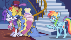 Size: 1280x723 | Tagged: safe, artist:xenon, rainbow dash, rarity, pegasus, pony, unicorn, fame and misfortune, g4, cloven hooves, curved horn, duo, female, folded wings, horn, mare, scene interpretation, staircase, stress couture, twilight's castle, unshorn fetlocks