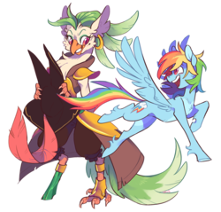Size: 1280x1226 | Tagged: safe, artist:xenon, captain celaeno, rainbow dash, parrot pirates, pegasus, pony, anthro, g4, my little pony: the movie, amputee, anthro with ponies, bipedal, celaenodash, duo, ear piercing, female, flying, hat, looking at each other, mare, peg leg, piercing, pirate, prosthetic leg, prosthetic limb, prosthetics, simple background, smiling, spread wings, transparent background, unshorn fetlocks, wings