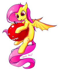 Size: 1471x1801 | Tagged: safe, artist:1deathpony1, fluttershy, bat pony, pony, g4, apple, female, flutterbat, food, mare, race swap, simple background, smiling, solo, transparent background