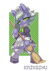 Size: 2064x3000 | Tagged: safe, artist:kaikoinu, limestone pie, earth pony, pony, g4, bipedal, broom, clothes, female, high res, maid, mare, simple background, solo, white background