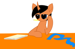 Size: 1024x673 | Tagged: safe, artist:prism note, oc, oc only, oc:prism note, pony, unicorn, clothes, paper, pencil, scarf, simple background, solo, thoughts, transparent background