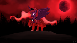 Size: 1600x900 | Tagged: safe, artist:egstudios93, princess luna, alicorn, pony, g4, blood moon, clothes, dress, female, halloween, holiday, mare, moon, see-through, solo, spread wings, wings