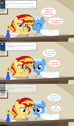 Size: 1280x2168 | Tagged: safe, artist:hakunohamikage, sunset shimmer, trixie, pony, unicorn, ask-princesssparkle, g4, ask, comic, eyes closed, female, glasses, mare, paper, tumblr
