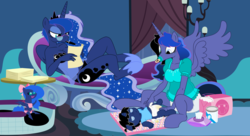 Size: 11000x6000 | Tagged: safe, artist:evilfrenzy, princess luna, oc, oc:cruithne, oc:frenzy, oc:leeloo, alicorn, pony, anthro, unguligrade anthro, g4, absurd resolution, adult foal, age progression, age regression, alicorn oc, anthro with ponies, bra, breasts, clothes, colt, diaper, diaper change, diaper fetish, diaper package, dress, fetish, fruna, glasses, male, mouth hold, non-baby in diaper, offspring, pacifier, panties, parent:oc:frenzy, parent:princess luna, parents:canon x oc, parents:fruna, pen, pointy ponies, underwear, urine, wet diaper