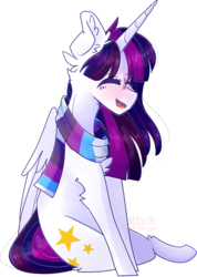 Size: 1672x2348 | Tagged: safe, artist:erinartista, oc, oc only, oc:twily star, alicorn, pony, alicorn oc, clothes, female, horn, mare, scarf, simple background, sitting, solo, transparent background, wings