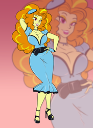 Size: 1280x1760 | Tagged: safe, artist:toughset, adagio dazzle, fanfic:her way with words, equestria girls, g4, my little pony equestria girls: rainbow rocks, arm behind head, bedroom eyes, beret, big breasts, breasts, busty adagio dazzle, cleavage, clothes, curvy, dress, fanfic art, female, hand on hip, hat, high heels, hips, hourglass figure, latex, latex dress, lipstick, looking at you, pinup, sandals, shoes, smiling, solo, stupid sexy adagio dazzle, tight clothing, wide hips, zoom layer