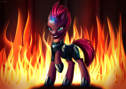 Size: 6768x4785 | Tagged: safe, artist:setharu, tempest shadow, pony, unicorn, g4, my little pony: the movie, absurd resolution, armor, broken horn, clothes, ear fluff, evil grin, female, fire, glowing horn, grin, horn, leg fluff, mare, raised hoof, signature, smiling, solo, sparks, standing