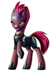 Size: 3474x4785 | Tagged: safe, artist:setharu, tempest shadow, pony, unicorn, g4, my little pony: the movie, armor, broken horn, clothes, evil grin, female, glowing horn, grin, horn, horseshoes, mare, raised hoof, simple background, smiling, solo, standing, transparent background