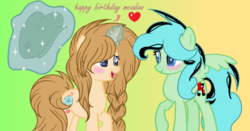 Size: 1024x538 | Tagged: safe, artist:morries123, oc, oc only, oc:heart catcher, oc:meadow dash, pegasus, pony, unicorn, beanie, blushing, duo, female, hat, magic, mare, telekinesis