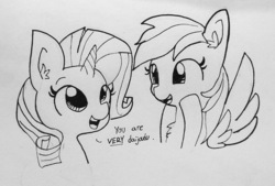 Size: 1610x1089 | Tagged: safe, artist:tjpones, rainbow dash, rarity, pegasus, pony, unicorn, g4, black and white, bust, chest fluff, dialogue, ear fluff, female, grayscale, inktober, japanese, lesbian, lineart, mare, monochrome, open mouth, ship:raridash, shipping, simple background, smiling, traditional art, white background