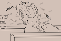 Size: 3168x2142 | Tagged: safe, artist:nudeknightart, pinkie pie, earth pony, pony, g4, coffee, female, high res, hypercaffinated, mare, monochrome, pinkie found the coffee, shaking, solo, vibrating, xk-class end-of-the-world scenario