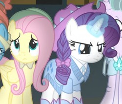 Size: 580x493 | Tagged: safe, screencap, fluttershy, meadowbrook, mistmane, rarity, earth pony, pegasus, pony, unicorn, g4, season 7, shadow play, bow, cowgirl, female, hair bow, hat, horseshoes, mare