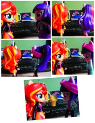 Size: 1080x1402 | Tagged: safe, artist:artofmagicpoland, sunset shimmer, twilight sparkle, equestria girls, g4, my little pony: the movie, celebration, cider, comic, doll, equestria girls minis, eqventures of the minis, female, funny, in-universe pegasister, irl, meme, photo, toy