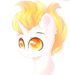 Size: 1300x1400 | Tagged: safe, artist:mitralexa, oc, oc only, pony, unicorn, bust, ear fluff, eyebrows, looking up, portrait, signature, simple background, smiling, solo, white background