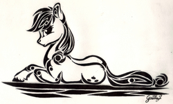 Size: 1971x1183 | Tagged: safe, artist:gaelledragons, applejack, earth pony, pony, g4, female, hooves, mare, monochrome, on side, profile, simple background, solo, unshorn fetlocks, white background