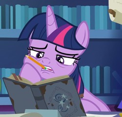 Size: 650x625 | Tagged: safe, screencap, twilight sparkle, alicorn, pony, g4, my little pony: friendship is magic, season 7, shadow play, book, female, mare, pencil, starswirl's book, twilight sparkle (alicorn)