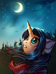 Size: 1661x2200 | Tagged: safe, artist:segraece, oc, oc only, pony, unicorn, bust, clothes, commission, female, forest, looking up, mare, moon, night, portrait, scarf, solo