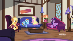 Size: 1280x720 | Tagged: safe, screencap, applejack, fluttershy, rainbow dash, twilight sparkle, alicorn, pony, g4, it isn't the mane thing about you, barrel, chair, coffee table, comfy, couch, discovery family logo, flower pot, indoors, lamp, lampshade, lounging, lying down, painting, prone, quills and sofas, rug, sitting, twilight sparkle (alicorn), window