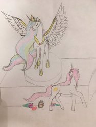 Size: 1024x1365 | Tagged: safe, artist:dragonqueens, princess celestia, alicorn, pony, unicorn, g4, cewestia, female, pink-mane celestia, race swap, self ponidox, traditional art, unicorn celestia, younger