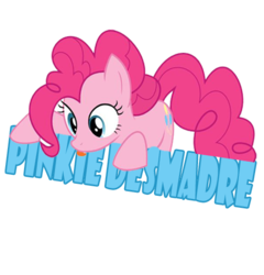 Size: 480x499 | Tagged: safe, artist:vale-bandicoot96, pinkie pie, pony, g4, female, logo, pinkie desmadre, sign, simple background, solo, spanish, tongue out, transparent background, vector