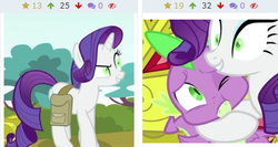 Size: 425x226 | Tagged: safe, screencap, rarity, spike, dragon, pony, unicorn, derpibooru, g4, inspiration manifestation, cropped, duality, female, juxtaposition, juxtaposition win, male, mare, meme, meta, self ponidox, this will end in tears, upset