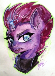 Size: 2336x3248 | Tagged: safe, artist:july-cookie, tempest shadow, pony, unicorn, g4, my little pony: the movie, broken horn, bust, ear fluff, female, glowing horn, high res, horn, looking at you, mare, simple background, solo, traditional art, white background