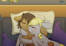 Size: 5000x3500 | Tagged: safe, artist:fluffyxai, derpy hooves, oc, oc:spirit wind, earth pony, pegasus, pony, g4, bed, bedsheets, blushing, canon x oc, cel shading, chest fluff, cuddling, eyes closed, female, floppy ears, food, high angle, hooves, hug, lying down, male, mare, muffin, not doctor whooves, nuzzling, on back, on side, perspective, pillow, romance, shipping, smiling, stallion, straight