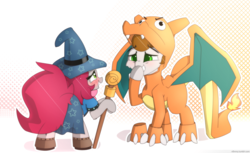 Size: 5000x3050 | Tagged: safe, artist:n0nnny, oc, oc only, oc:ateren steelbender, oc:little love, clothes, commission, cosplay, costume, halloween, hat, holiday, pokémon, wizard hat