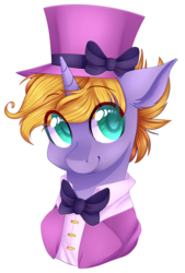 Size: 911x1346 | Tagged: safe, artist:shiromidorii, oc, oc only, oc:circus legend, pony, unicorn, bowtie, bust, clothes, hat, male, portrait, simple background, solo, stallion, top hat, transparent background