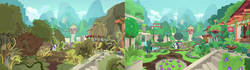 Size: 2560x720 | Tagged: safe, screencap, old gardener, rarity, pony, unicorn, g4, shadow play, beautiful, cloud, comparison, garden, mistmane's flower, mountain, overgrown, topiary