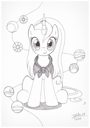 Size: 759x1073 | Tagged: safe, artist:sherwoodwhisper, oc, oc only, oc:eri, pony, unicorn, cape, clothes, female, inktober, inktober 2017, looking at you, monochrome, planet, solo, traditional art