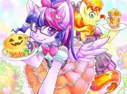 Size: 1000x744 | Tagged: safe, artist:hobilo, sci-twi, sunset shimmer, twilight sparkle, alicorn, pony, unicorn, equestria girls, g4, bipedal, bow, cake, clothes, dress, duo, equestria girls ponified, female, food, glasses, halloween, holiday, jack-o-lantern, looking at each other, mare, ponified, ponytail, pumpkin, sci-twilicorn, smiling, spread wings