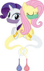 Size: 6400x10356 | Tagged: safe, artist:parclytaxel, fluttershy, rarity, genie, genie pony, pegasus, pony, unicorn, ain't never had friends like us, ask generous genie rarity, g4, .svg available, absurd resolution, armband, bottle, eyes closed, female, lesbian, mare, ship:flarity, shipping, simple background, smiling, tangled up, tied in a knot, transparent background, vector, veil