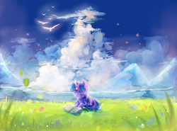 Size: 2700x2000 | Tagged: safe, artist:aquagalaxy, twilight sparkle, bird, pony, unicorn, g4, book, cloud, cloudy, female, gift art, high res, mare, reading, scenery, solo