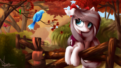 Size: 2560x1440 | Tagged: safe, artist:aurelleah, oc, oc only, oc:aurelia freefeather, oc:aurelleah, oc:aurry, bird, pony, autumn, bow, chest fluff, clothes, commission, cottagecore, cute, ear fluff, fence, floppy ears, fluffy, forest, hair bow, happy, leaves, looking away, scarf, scenery, smiling, solo, tree