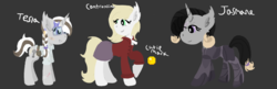 Size: 1024x333 | Tagged: safe, artist:arcticleapordfrost, oc, oc only, oc:controlina, oc:jasmane shadow, oc:tesla, earth pony, pony, unicorn, armor, bandaid, black background, cardigan, clothes, cute, female, glasses, mare, pen, pencil, pouch, scar, simple background, skirt