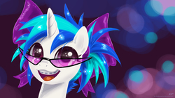Size: 4267x2400 | Tagged: safe, artist:kp-shadowsquirrel, dj pon-3, vinyl scratch, pony, unicorn, g4, adorkable, alternate hairstyle, bow, braces, cute, dork, female, filly, glasses, hair bow, happy, looking at you, open mouth, ribbon, smiling, solo, sunglasses, teenager, vinylbetes, wallpaper, younger
