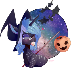 Size: 4586x4368 | Tagged: safe, artist:erinartista, oc, oc only, pony, spider, unicorn, absurd resolution, candy, food, hat, lollipop, night, one eye closed, pumpkin bucket, simple background, solo, stars, transparent background, wink, witch hat, ych result