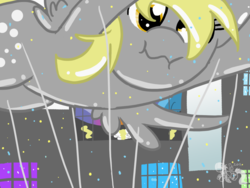 Size: 1600x1200 | Tagged: safe, artist:cosmic-rust, derpy hooves, balloon pony, inflatable pony, pegasus, pony, g4, balloon, city, floating, inflatable, inflated head, inflated wings, inflation, parade balloon, puffy cheeks, ropes, scrunchy face, wings