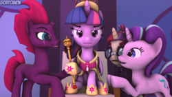 Size: 3840x2160 | Tagged: safe, artist:goatcanon, moondancer, starlight glimmer, tempest shadow, twilight sparkle, alicorn, pony, g4, my little pony: the movie, 3d, big crown thingy, counterparts, high res, jewelry, regalia, scepter, source filmmaker, twilight scepter, twilight sparkle (alicorn), twilight sparkle gets all the mares, twilight sparkle is not amused, twilight's counterparts, unamused
