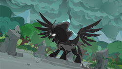 Size: 1920x1080 | Tagged: safe, screencap, pony of shadows, g4, my little pony: friendship is magic, shadow play, cloud, glowing eyes, overcast, ponehenge, spread wings, storm, tree, wings