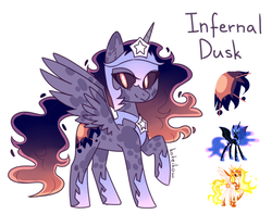 Size: 1329x1045 | Tagged: safe, artist:koteikow, daybreaker, nightmare moon, alicorn, pony, g4, armor, black outlines, black sclera, cutie mark, dark sclera, female, fusion, fusion:daybreaker, fusion:infernal dusk, fusion:nightmare moon, helmet, looking at you, mare, simple background, solo, white background, xk-class end-of-the-world scenario