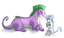 Size: 1024x614 | Tagged: safe, artist:shimazun, spike, oc, dragon, g4, duo, offspring, older, parent:princess flurry heart, parent:spike, parents:flurryspike, prone, simple background, white background