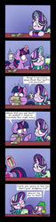 Size: 1303x5178 | Tagged: safe, artist:bobthedalek, spike, starlight glimmer, twilight sparkle, alicorn, dragon, pony, unicorn, g4, shadow play, clothes, comic, female, magic, magic aura, male, mare, mug, purse, saddle bag, scarf, twilight sparkle (alicorn)