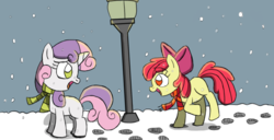 Size: 1600x817 | Tagged: safe, artist:projectfirelights, apple bloom, sweetie belle, g4, clothes, lamppost, scarf, snow, snowfall